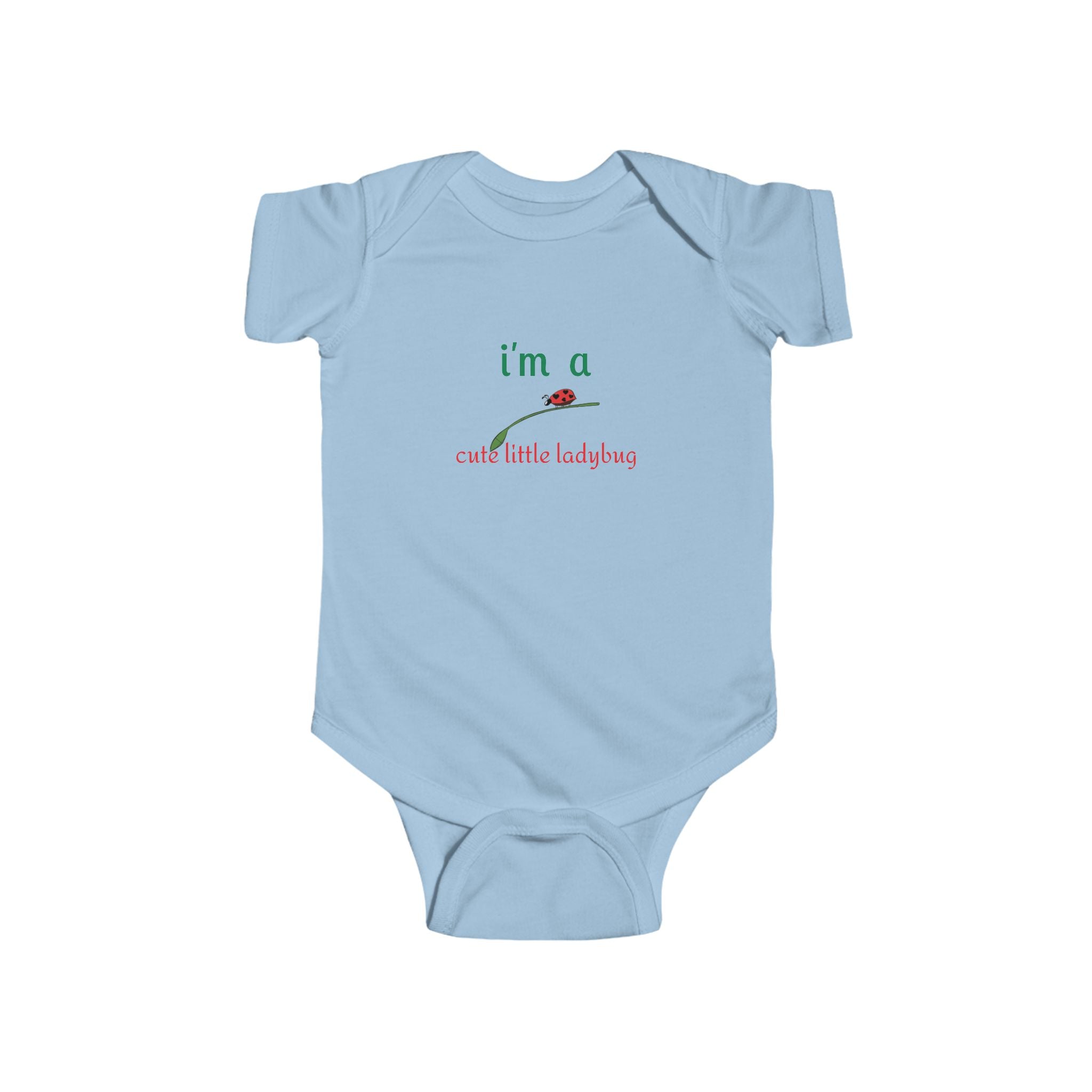 LuckeLadybug blue ladybug baby bodysuit with cute little ladybug text and graphic on front