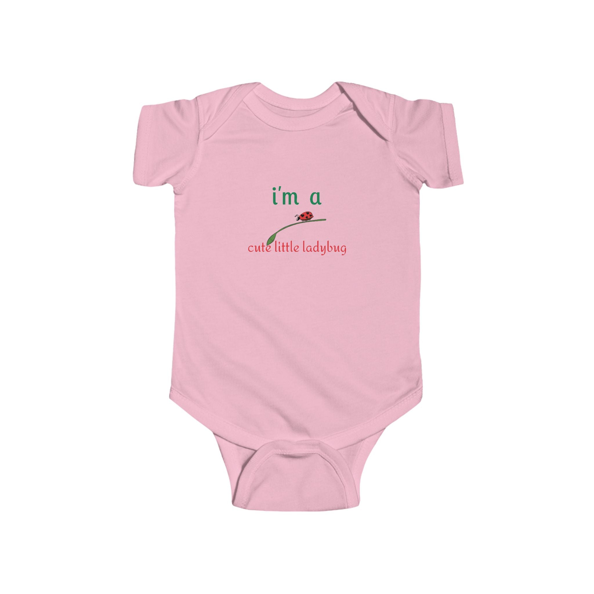 Pink one-piece baby bodysuit with cute ladybug design and I'm a cute little ladybug text