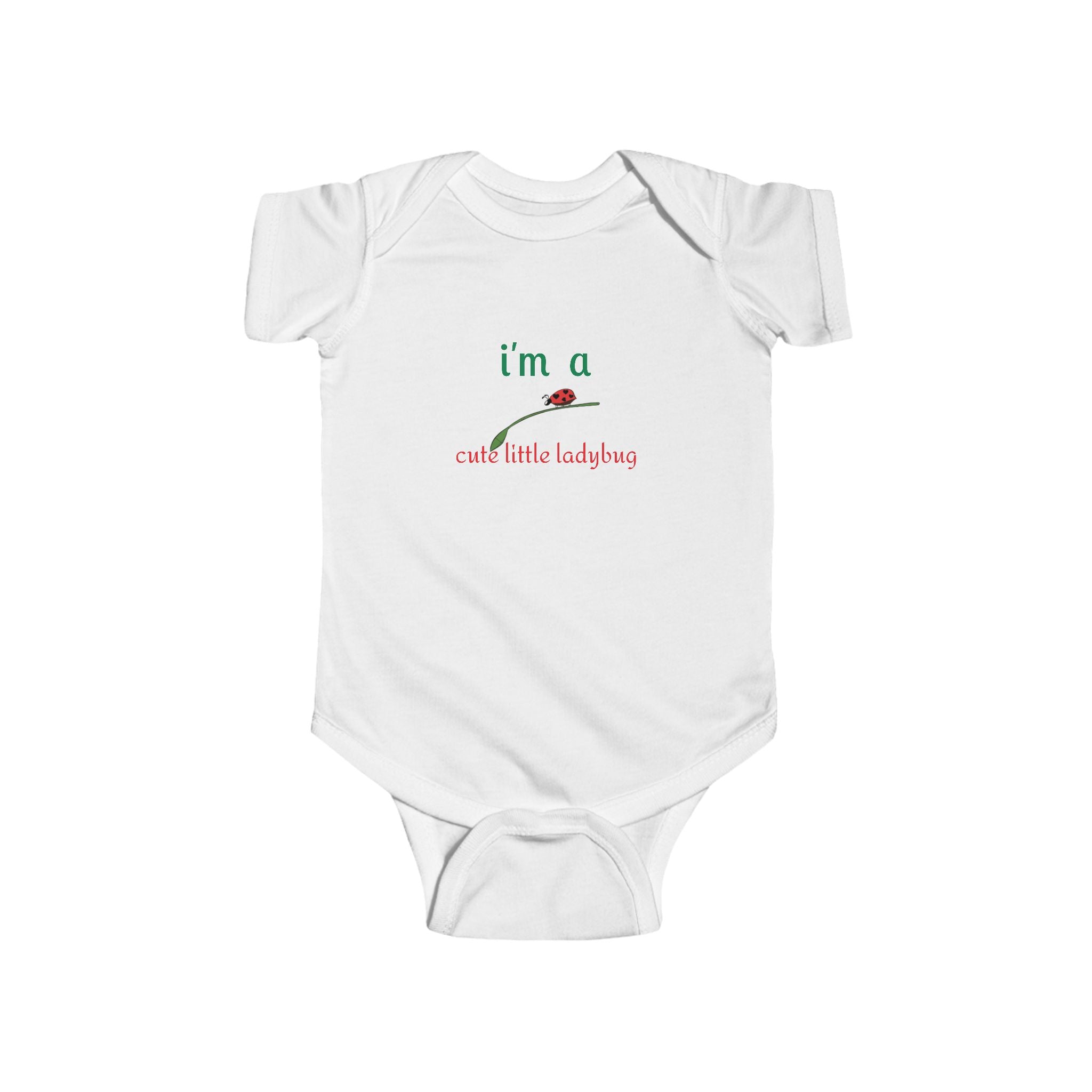 White LuckeLadybug one-piece baby bodysuit with I'm a cute little ladybug text and ladybug graphic