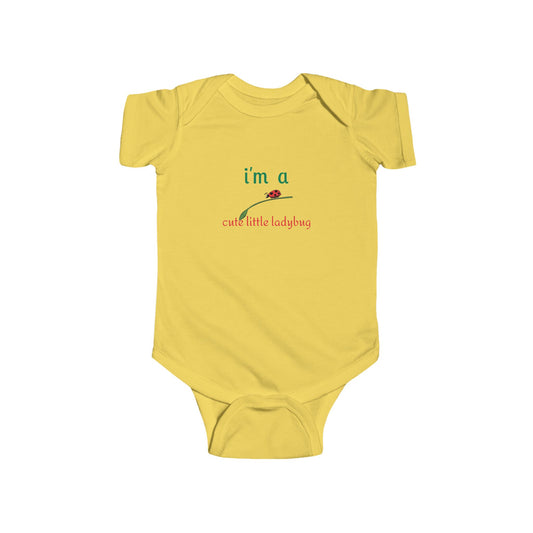Yellow ladybug baby bodysuit with cute little ladybug text and graphic from LuckeLadybug