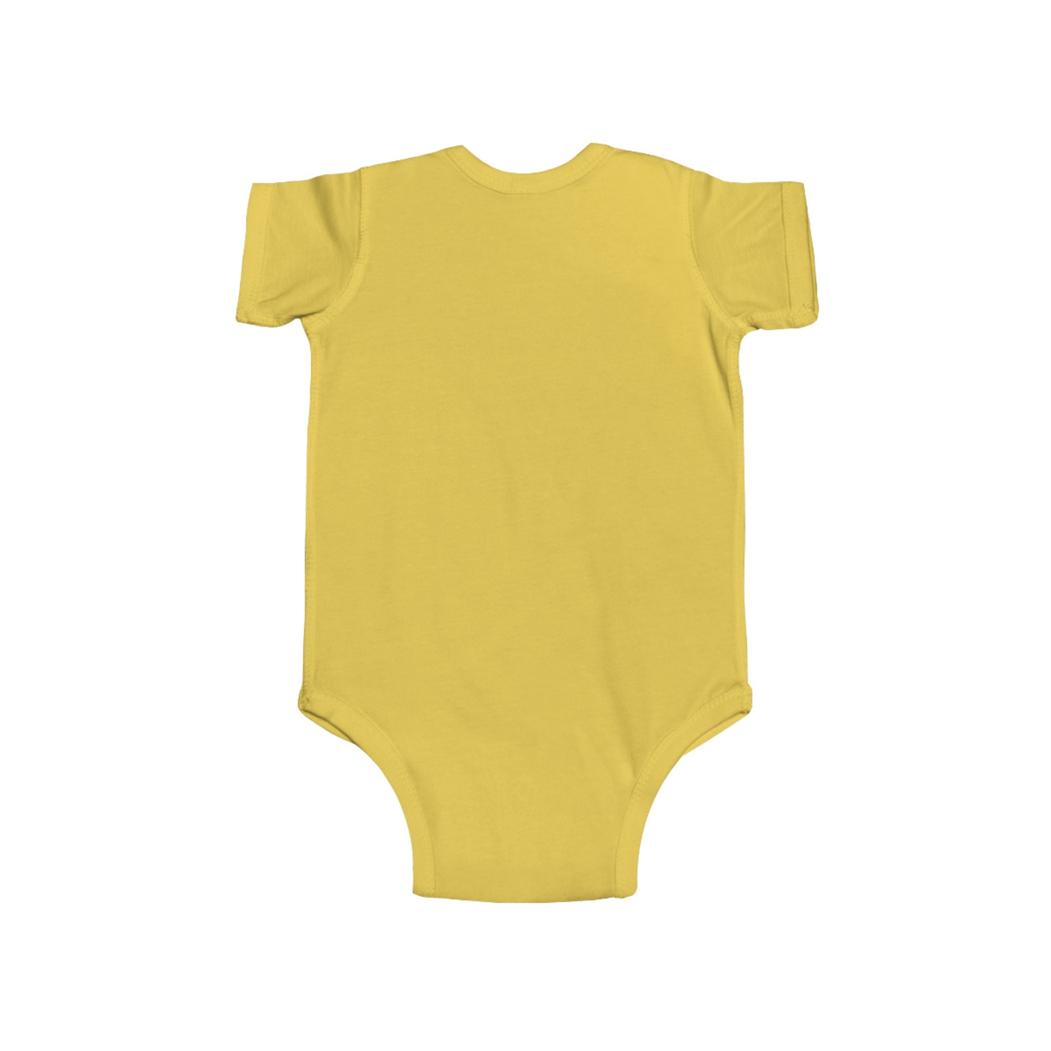 Yellow one-piece baby outfit from LuckeLadybug showing the back of the ladybug baby bodysuit