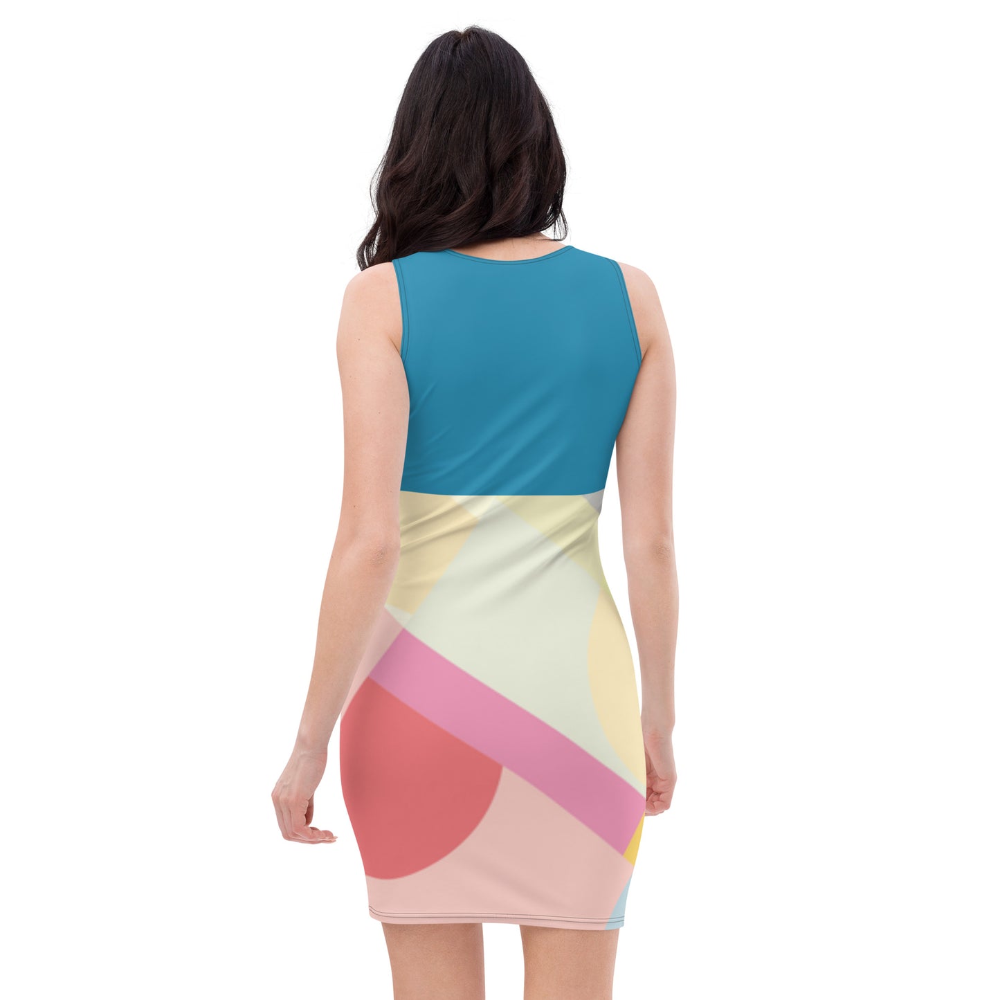 LuckeLadybug colorful elegant bodycon dress for women featuring abstract geometric design on back