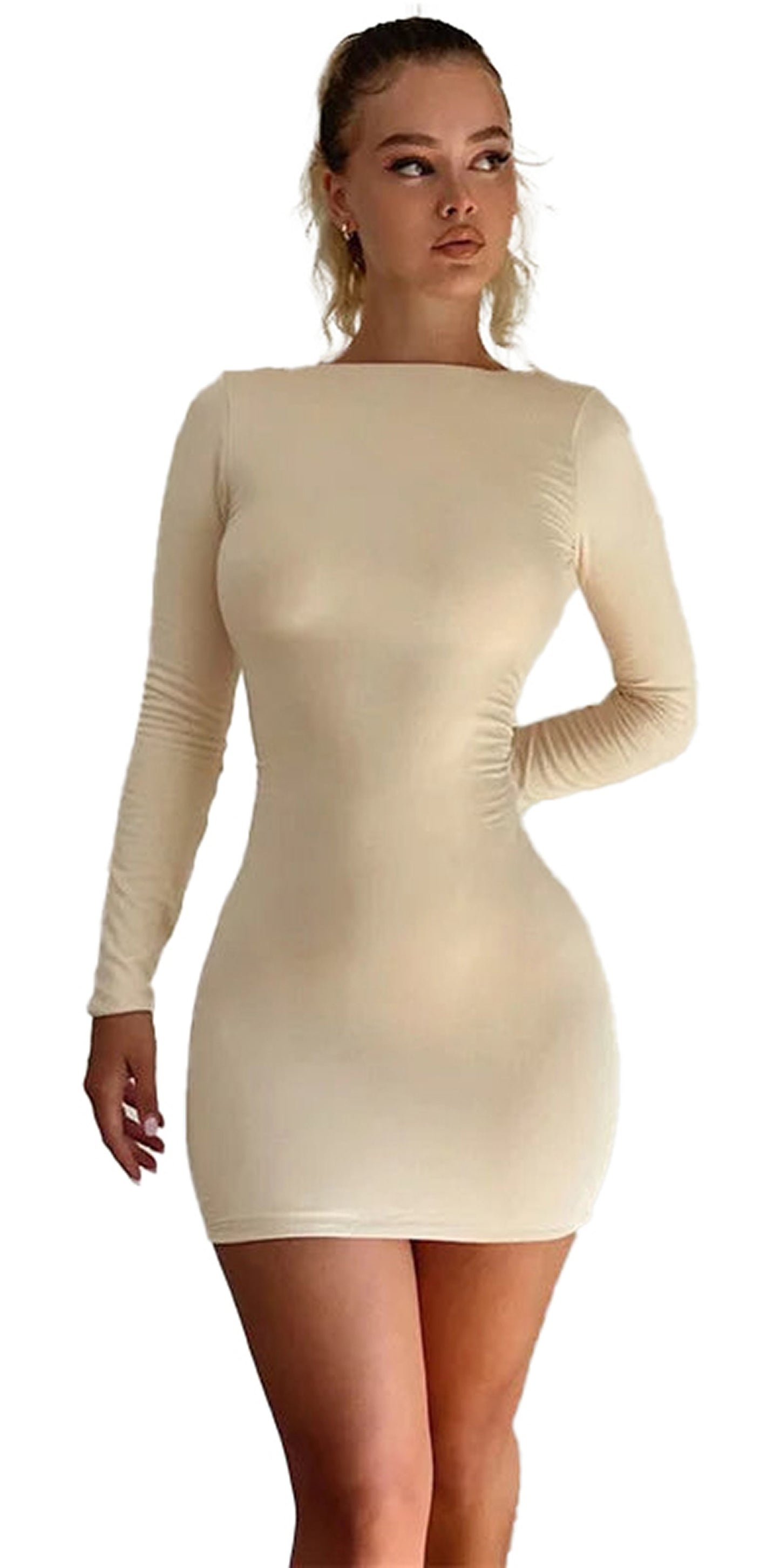 Beige LuckeLadybug backless bodycon dress with long sleeves and figure-hugging fit for stylish occasions