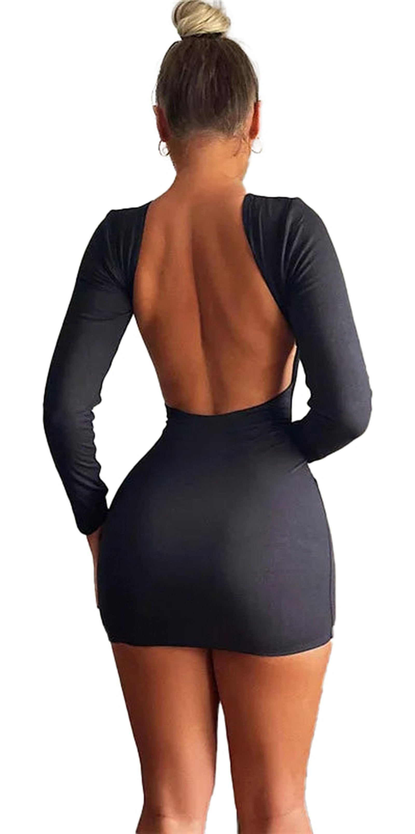 Elegant backless bodycon dress in black with long sleeves and a deep back design