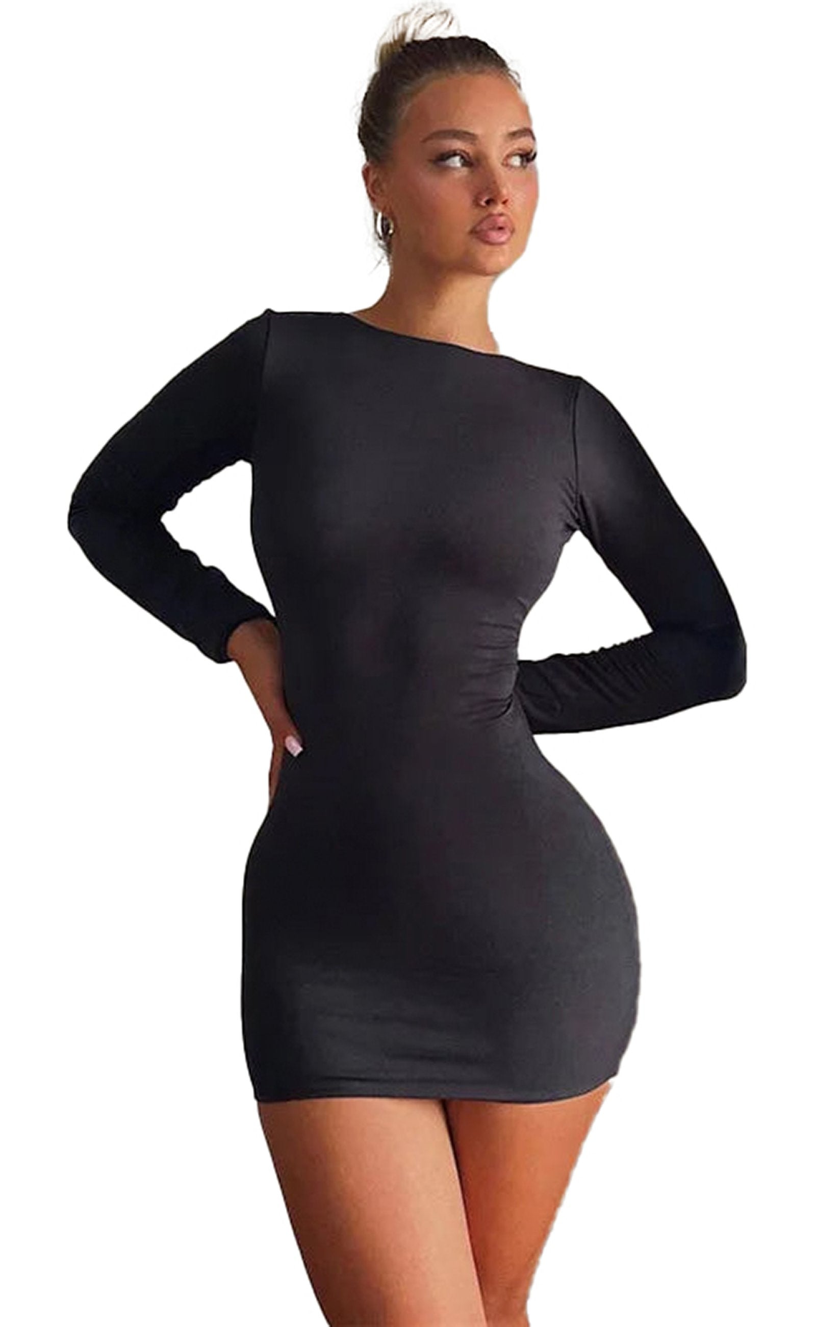 Sleek LuckeLadybug LLC backless bodycon dress in black with long sleeves for a stylish and chic look