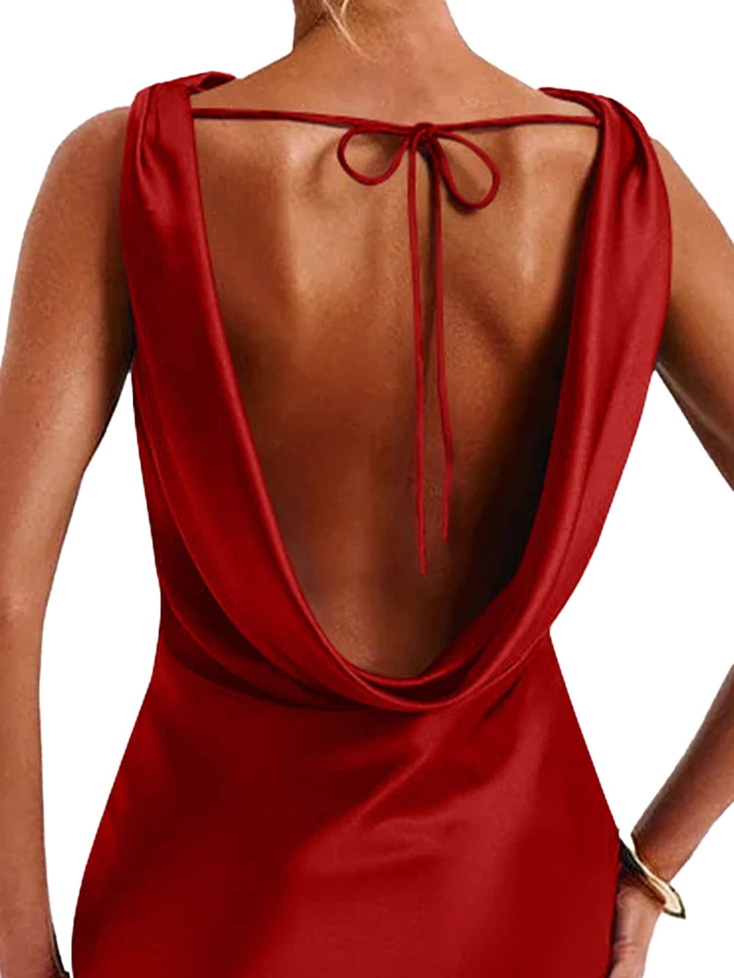 Backless mermaid evening dress in red with elegant draping and tie detail at the back
