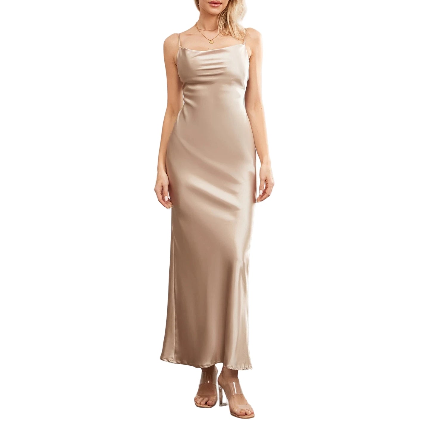 Stylish backless satin evening gown for women in taupe with spaghetti straps and a sleek silhouette