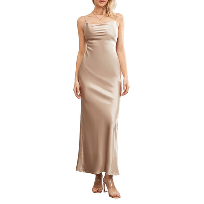 Stylish backless satin evening gown for women in taupe with spaghetti straps and a sleek silhouette