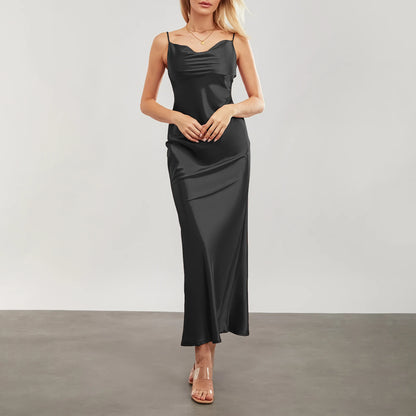 Elegant black backless satin evening gown for women with a fitted silhouette and sleek design