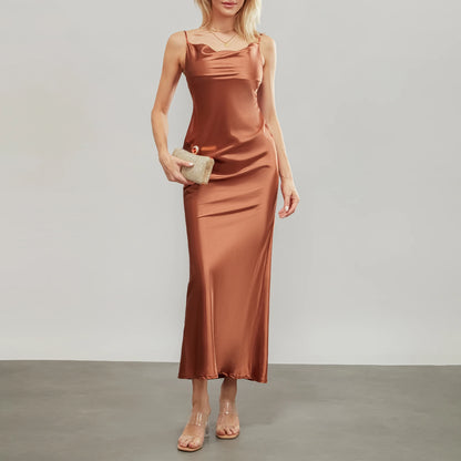 Elegantly designed backless satin evening gown for women in rich brown color, perfect for formal occasions