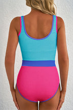 LuckeLadybug LLC One Piece Swimsuit Bathing Suits in Aqua and Pink with a Stylish Ribbed Texture
