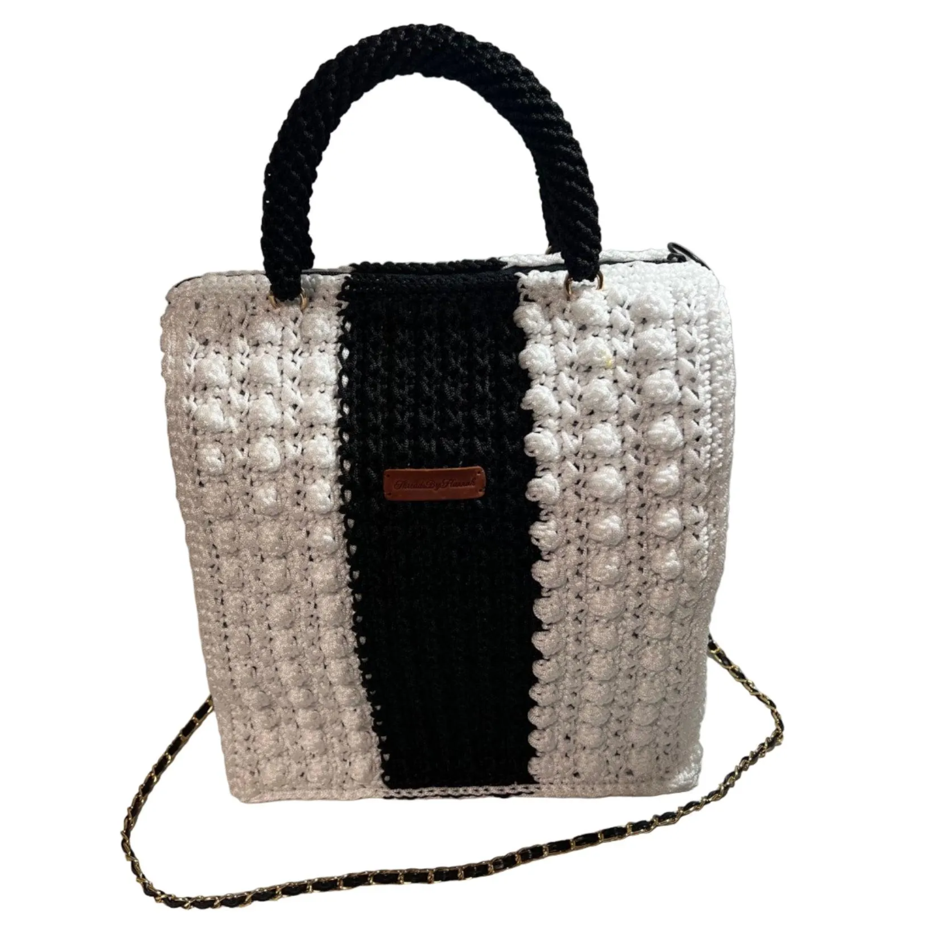 Stylish black and white tote bag for crochet with sturdy handles and removable shoulder strap