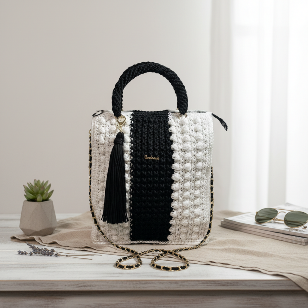 Stylish black and white crochet bag for crochet with tassel and adjustable strap by ThreadsByHannah