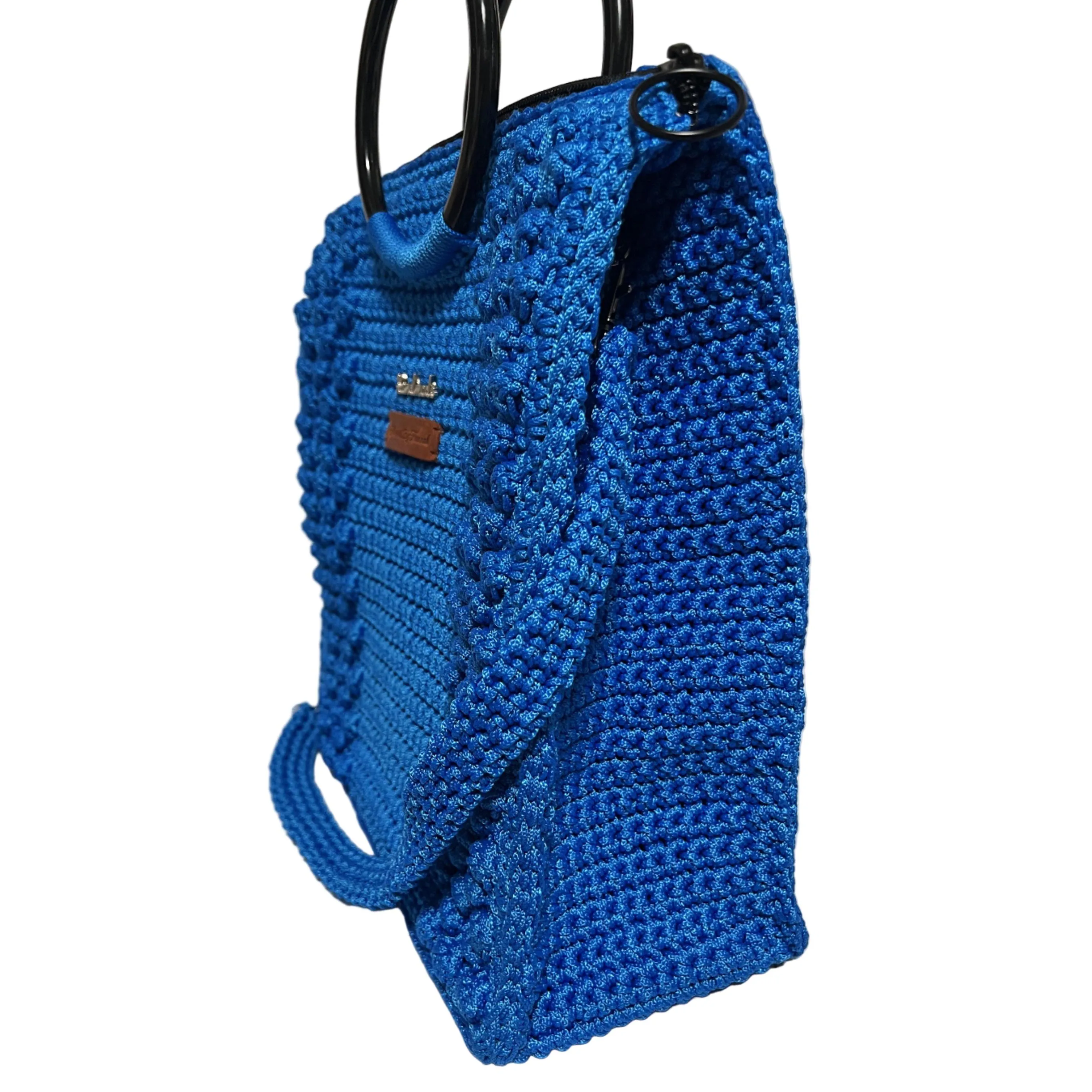 Blue crocheted tote bag for crochet with sturdy handles and ample space for projects