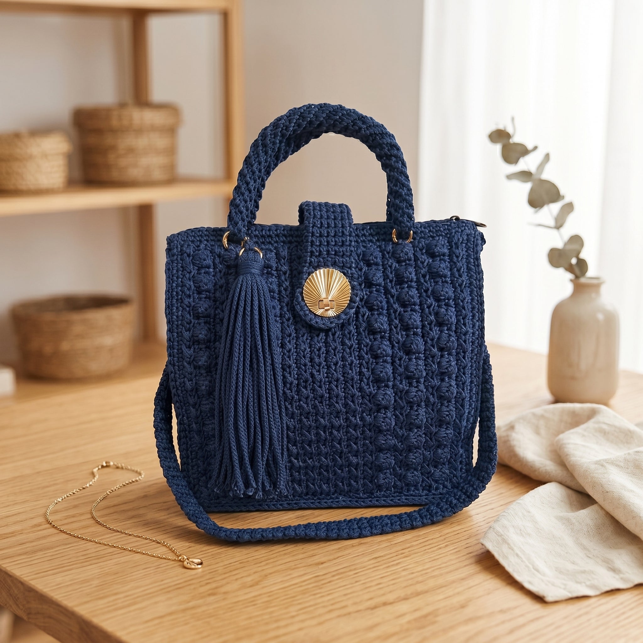 Stylish navy blue tote bag with sling and tassel detail for everyday use