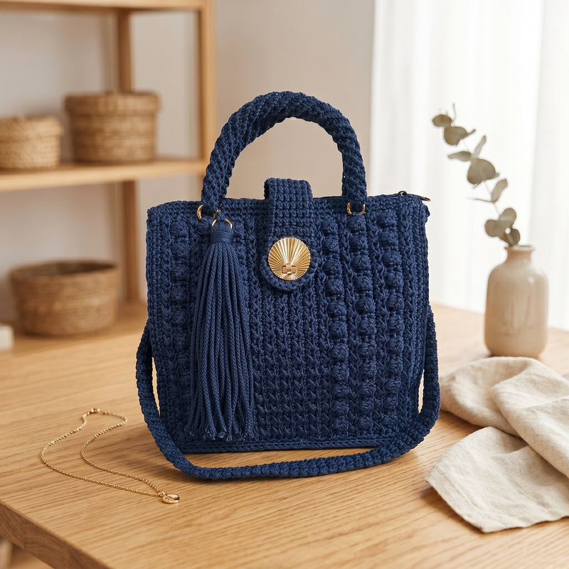 Stylish navy blue tote bag with sling and tassel detail for everyday use
