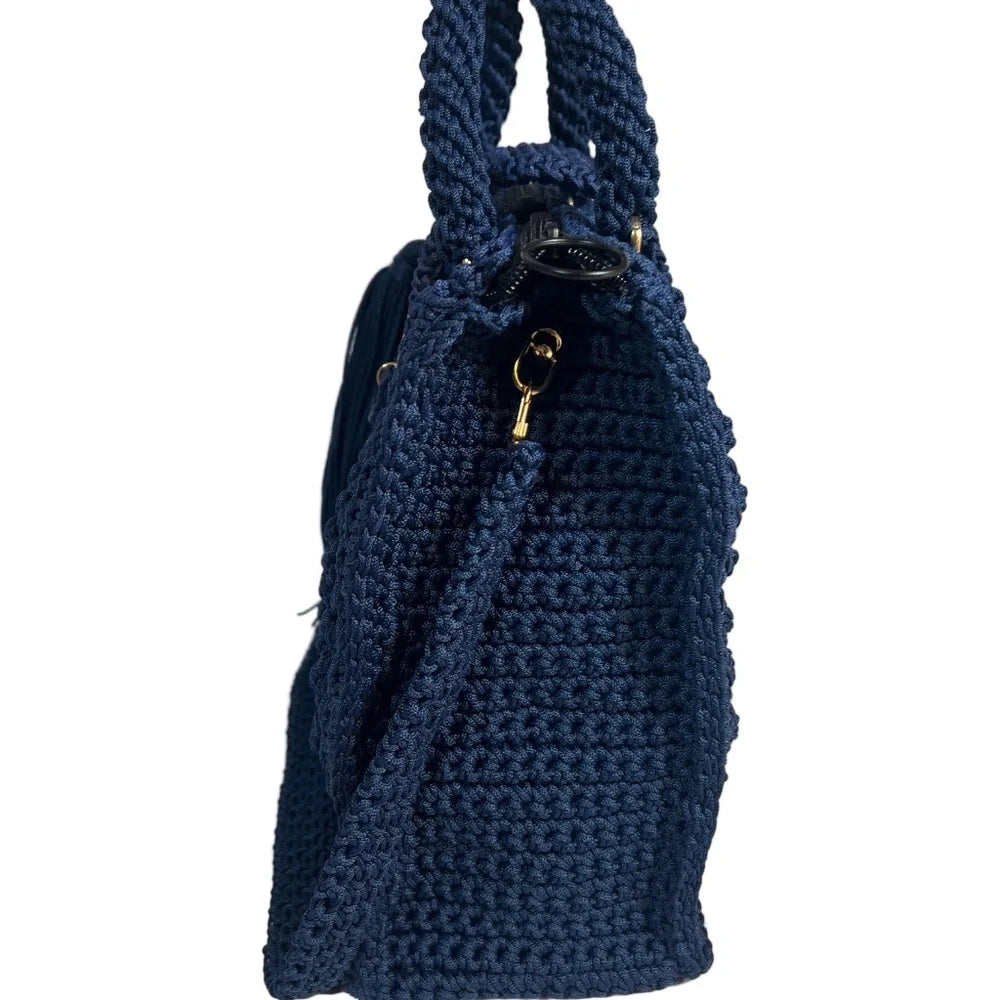 Navy blue tote bag with sling featuring a stylish woven design and secure closure