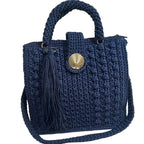 Navy ThreadsByHannah tote bag with sling, featuring textured design and stylish tassel accent