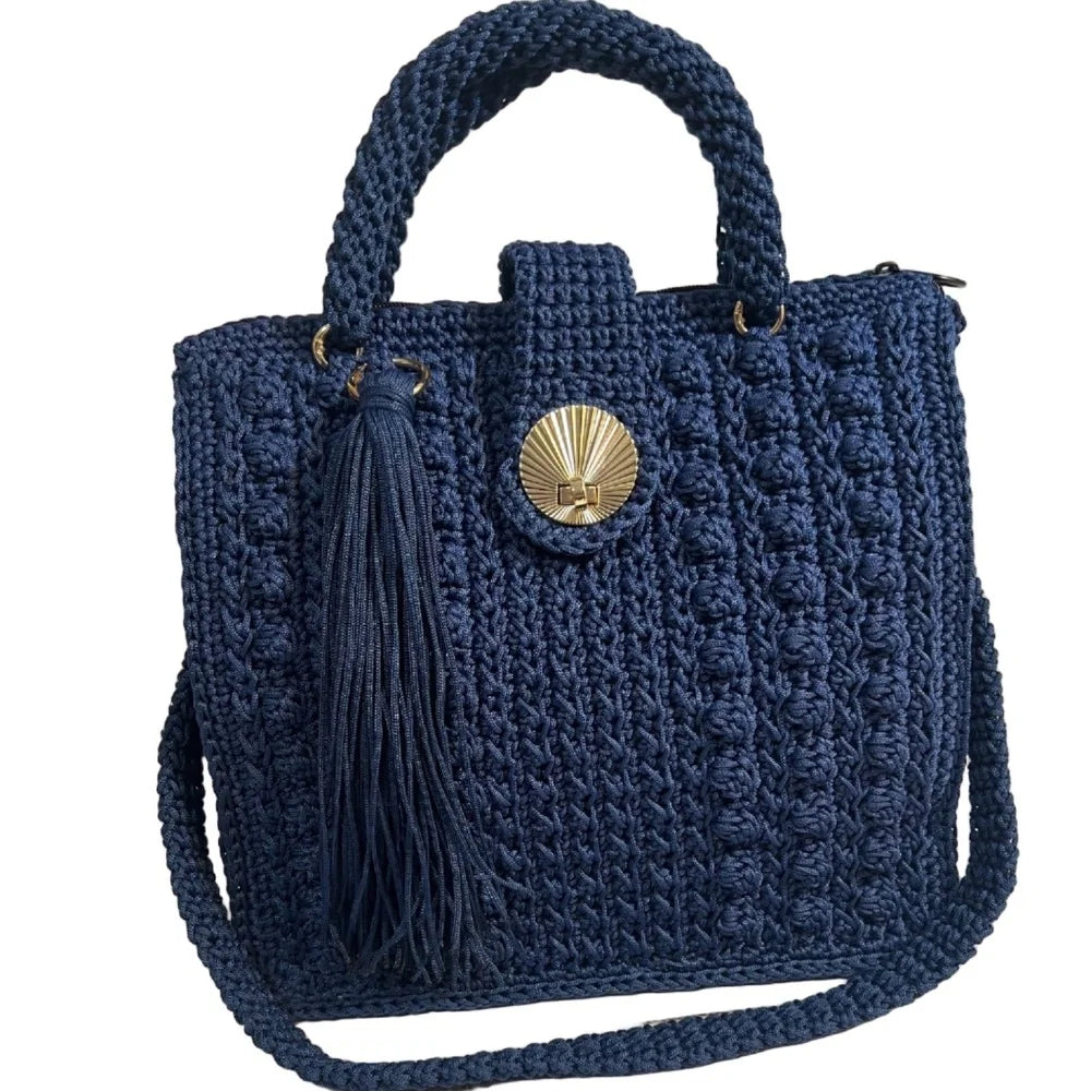 Navy ThreadsByHannah tote bag with sling, featuring textured design and stylish tassel accent