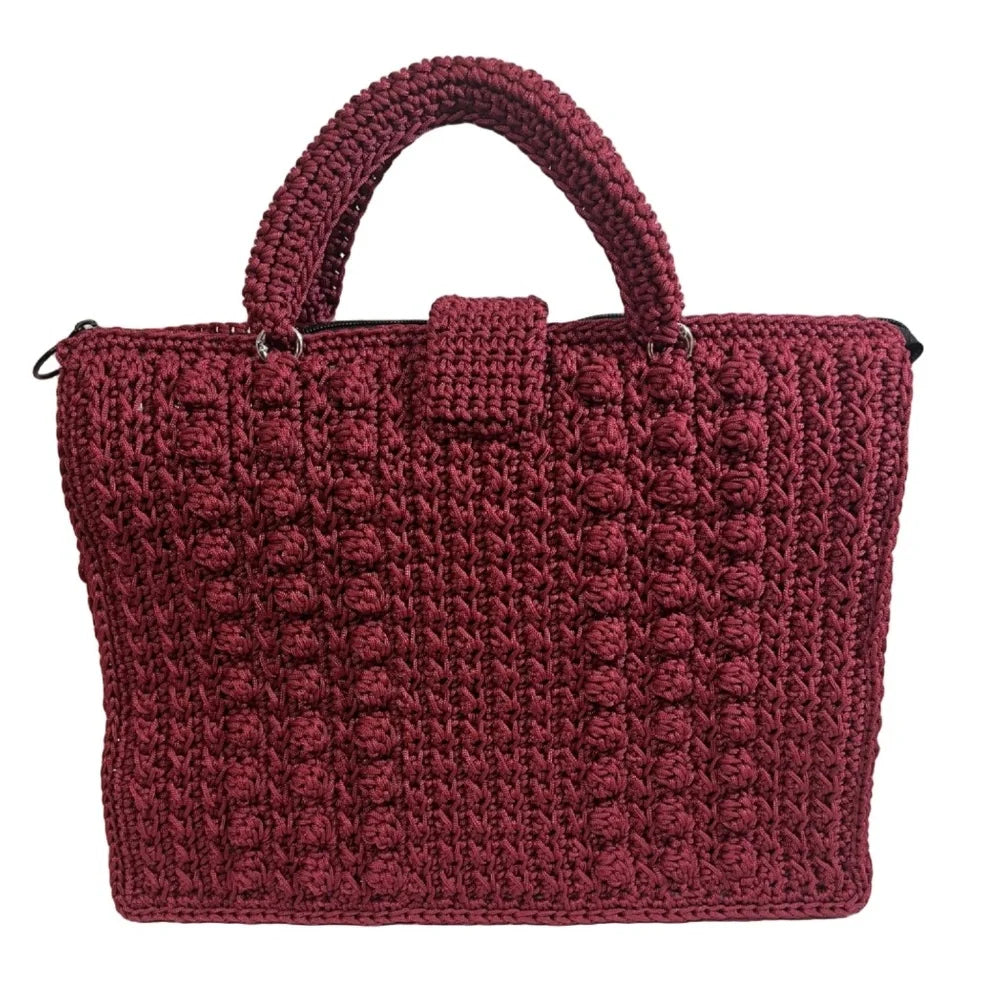 Maroon ThreadsByHannah tote bag with sling featuring a textured crochet design