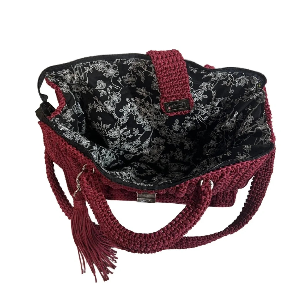 ThreadsByHannah Tote Bag with Sling in Maroon featuring a spacious floral-lined interior