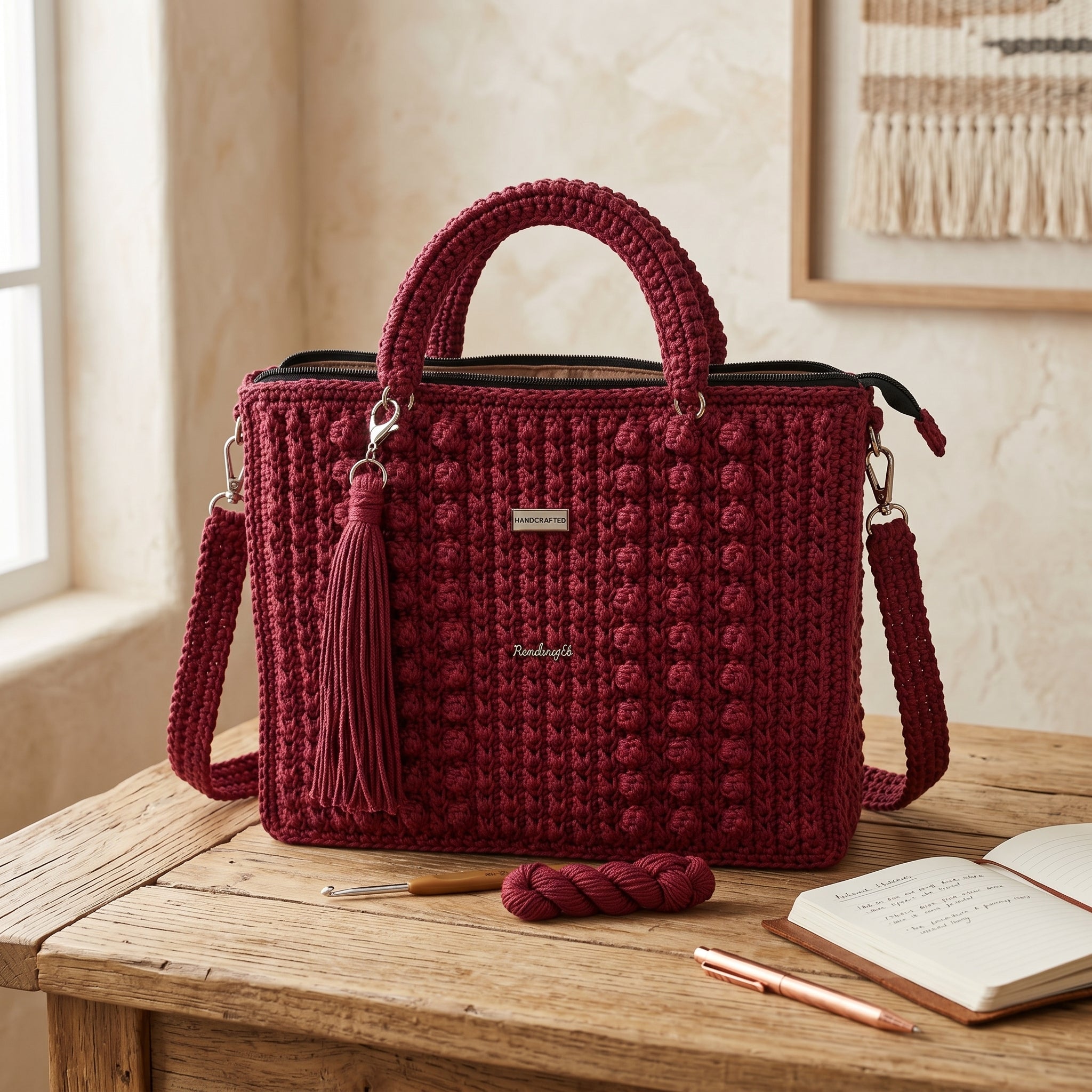 ThreadsByHannah Crochet Tote Bag with Sling in Burgundy, featuring a stylish tassel and spacious design