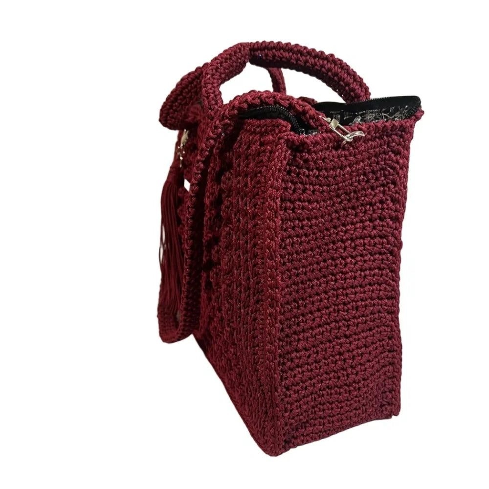 Stylish burgundy tote bag with sling and textured crochet design for everyday use