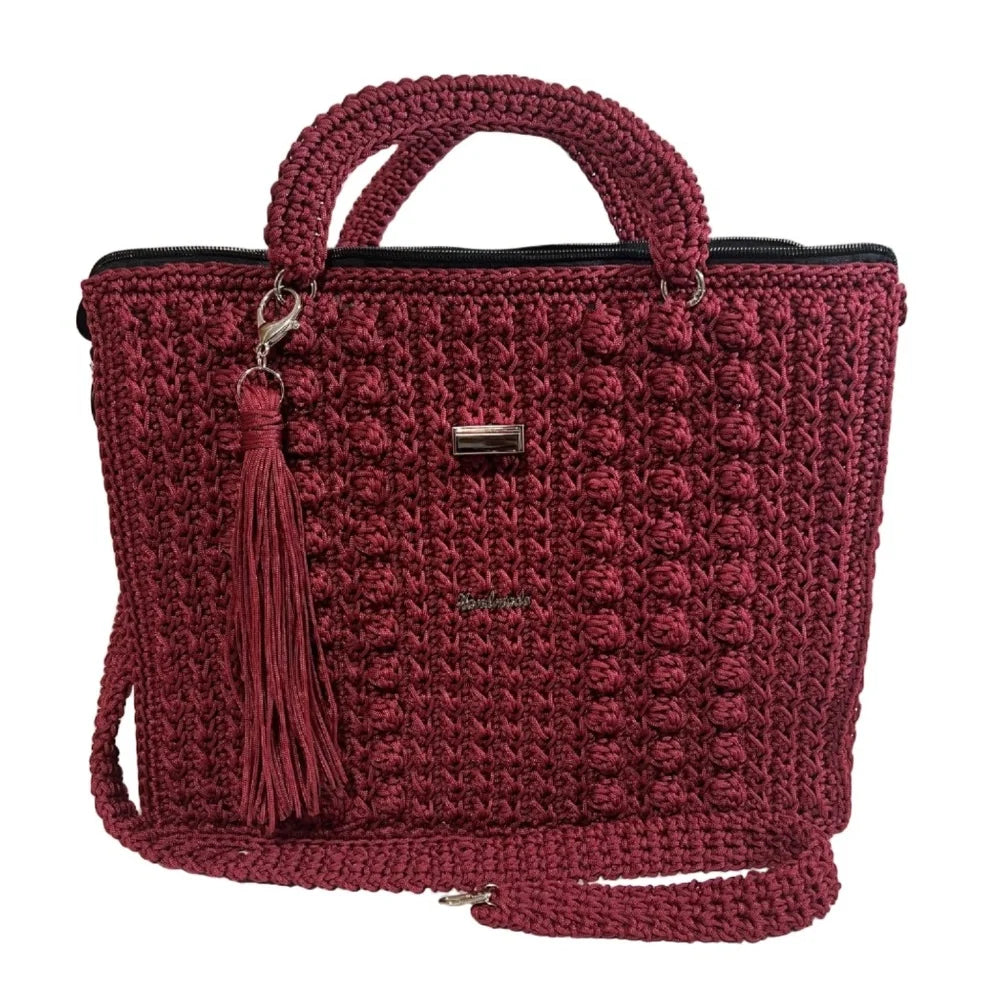 ThreadsByHannah Tote Bag with Sling in burgundy featuring textured design and tassel detail