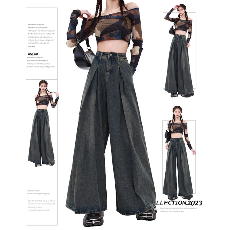 Baggy Y2K jeans women in dark denim with wide legs, styled with a trendy crop top