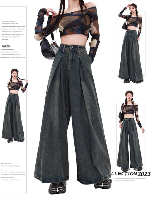 Baggy Y2K jeans women in dark denim with a high-waisted design and wide leg fit