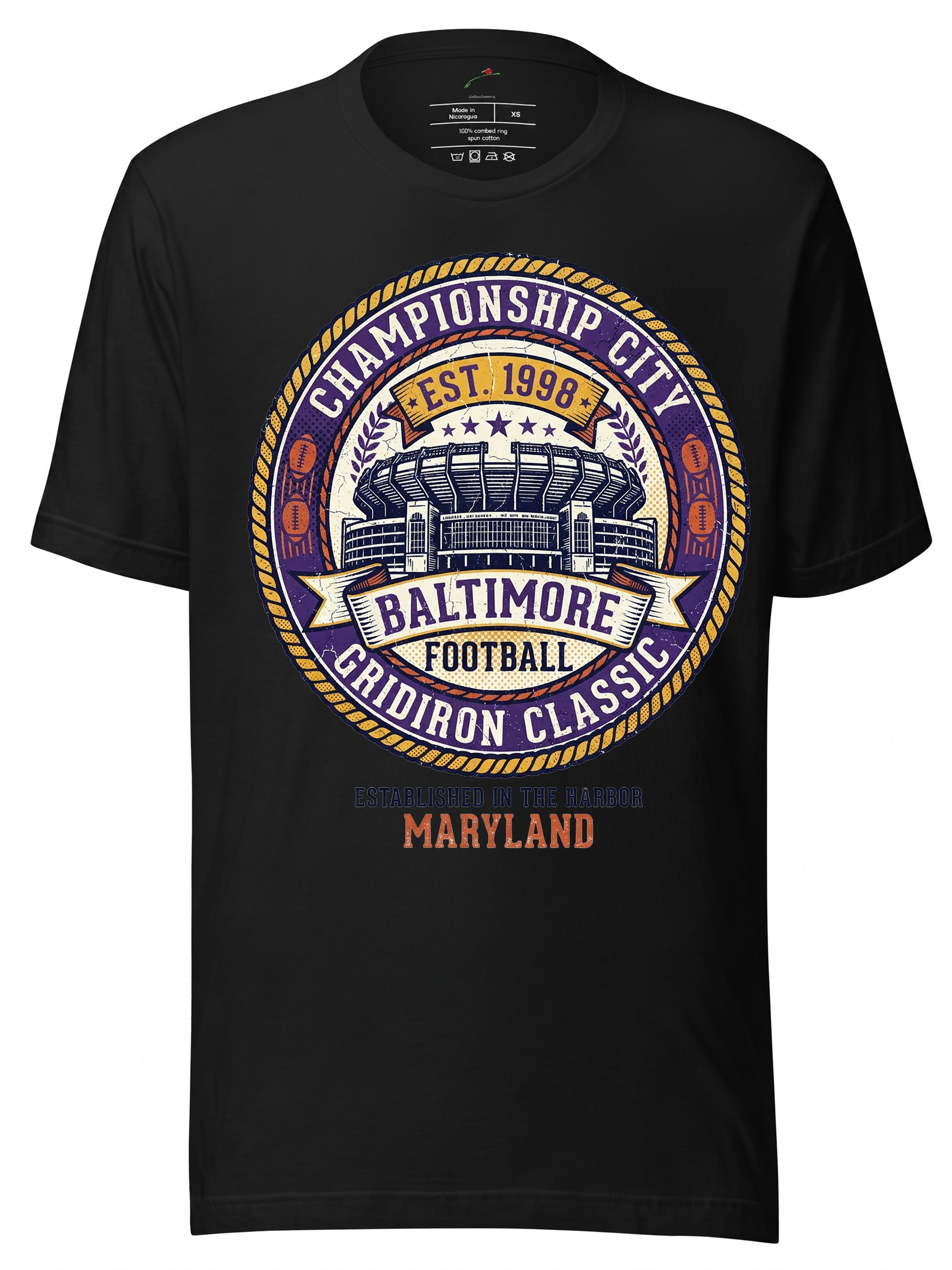 LuckeLadybug LLC Black T-Shirt featuring Baltimore Football Tickets design from the Gridiron Classic