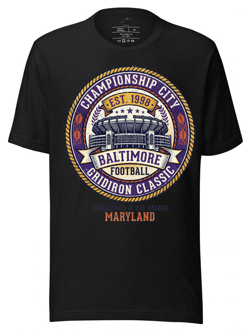 LuckeLadybug LLC Black T-Shirt featuring Baltimore Football Tickets design from the Gridiron Classic