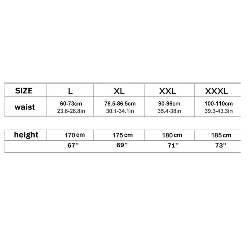 Size chart for LuckeLadybug LLC bamboo fiber men's shorts showing waist and height measurements