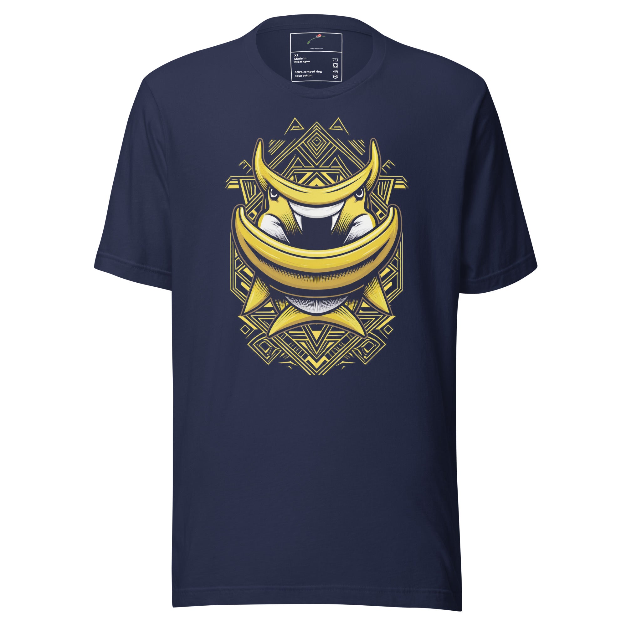 LuckeLadybug navy t-shirt with yellow banana shark graphic tee design on front