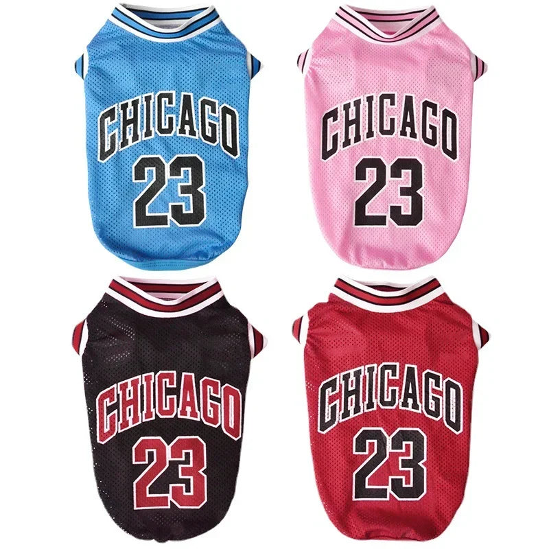 Colorful pet basketball jersey NBA with Chicago design, available in blue, pink, black, and red