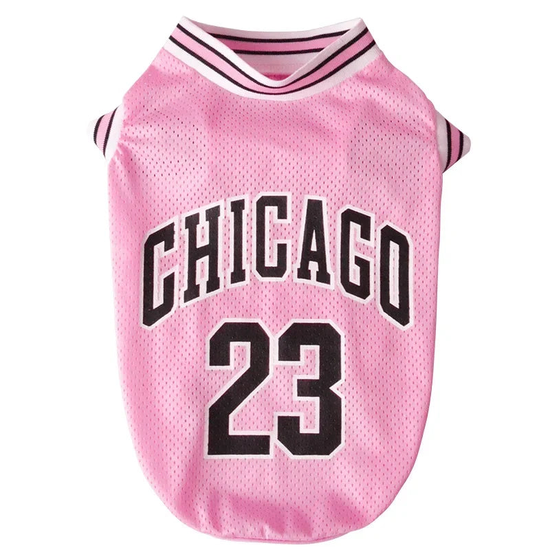 Pink dog shirt styled as a basketball jersey NBA with Chicago 23 design for pets