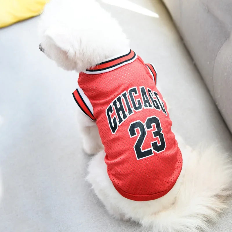 Red basketball jersey NBA for dogs featuring 'CHICAGO 23' design, perfect for pet sports fans