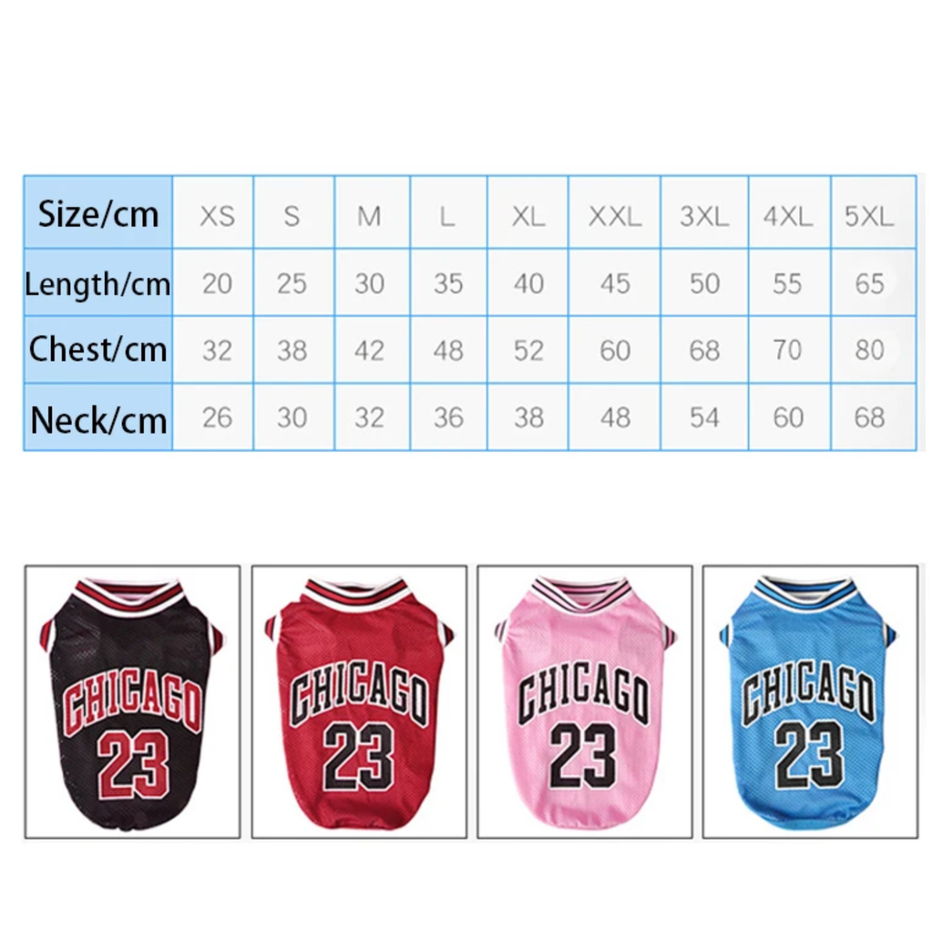 Pet basketball jersey NBA for dogs available in multiple sizes and colors including red, pink, and blue