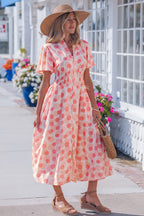 Pink Polka Dot Printed Ruffle Short Sleeve Zip Up Long Dress
