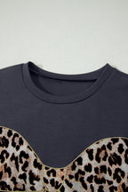 Dark Grey Contrast Leopard Bow Patched Short Sleeve T Shirt Long Dress