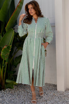Green Stripe Midi Dress Button Front