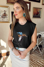 Parchment Western Cowboy Embroidery Round Neck Sleeveless Sweater