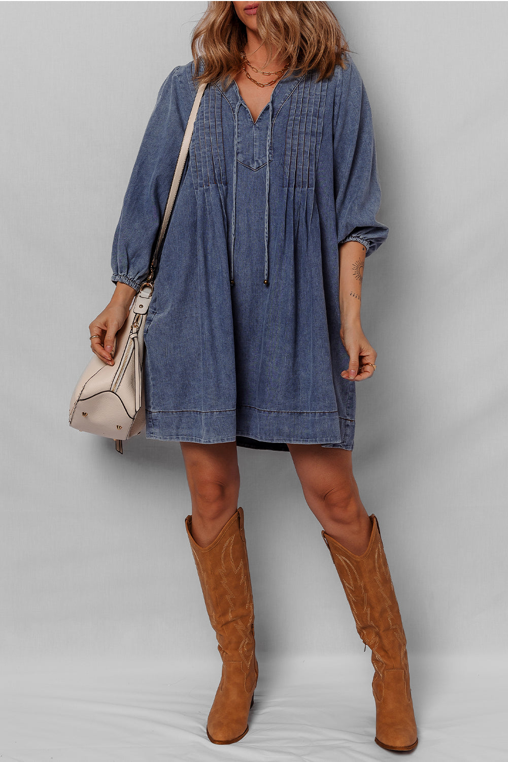 Denim Mini Dress With Tie Neck Long Sleeve