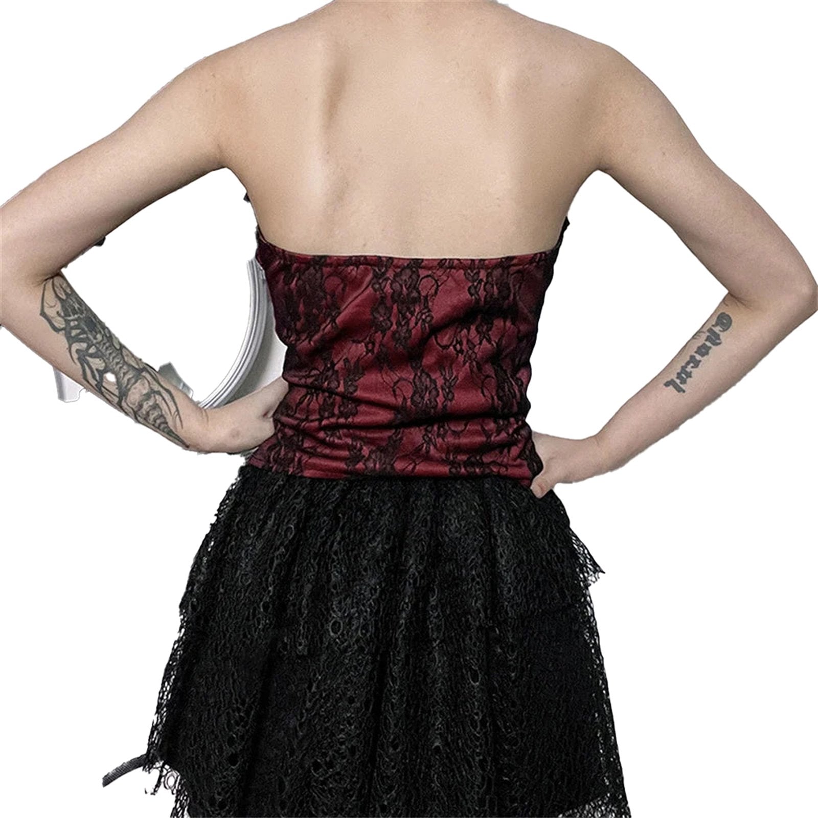 Back view of a gothic lace corset crop top in burgundy with a fitted design and intricate lace details
