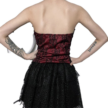 Back view of a gothic lace corset crop top in burgundy with a fitted design and intricate lace details