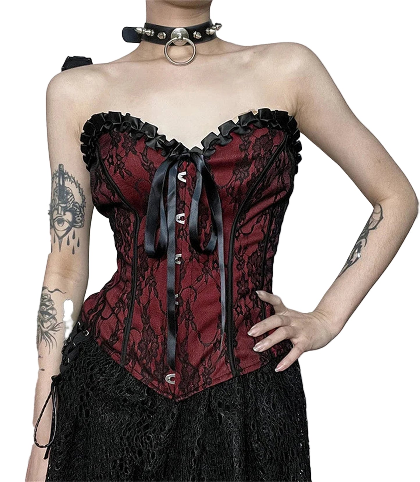Gothic lace corset crop top in red with black lace accents and ribbon detailing for a stylish look