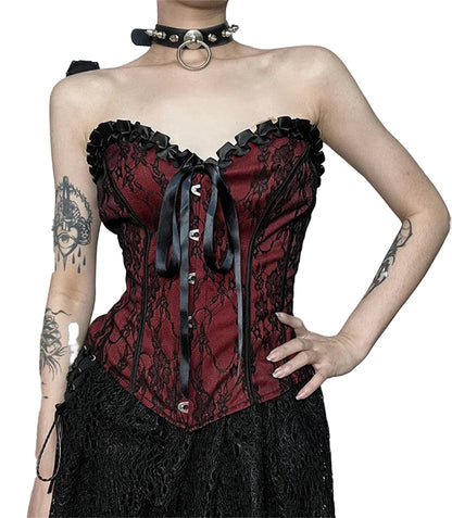Gothic lace corset crop top in red with black lace accents and ribbon detailing for a stylish look