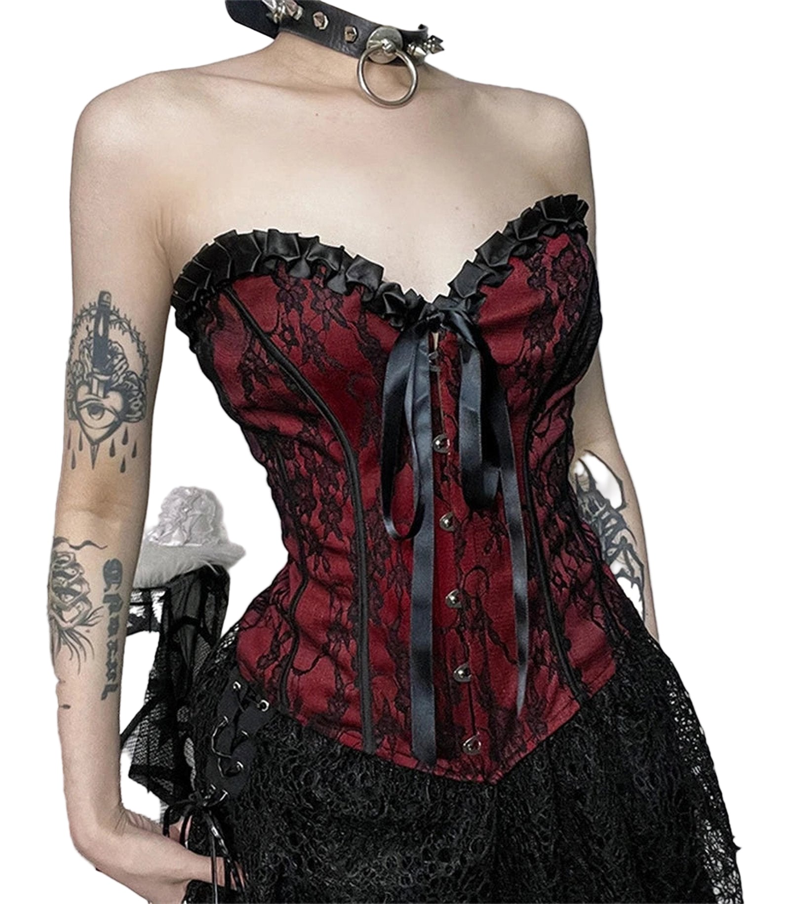 Gothic lace corset crop top in red and black with lace detailing and ribbon accents for a stylish look