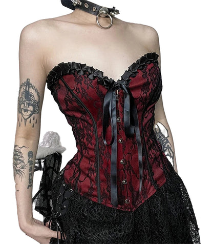 Gothic lace corset crop top in red and black with lace detailing and ribbon accents for a stylish look