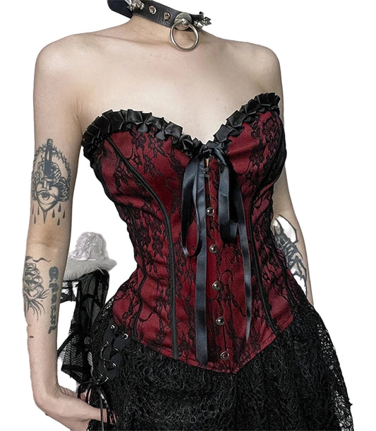Gothic lace corset crop top in red and black with lace detailing and ribbon accents for a stylish look